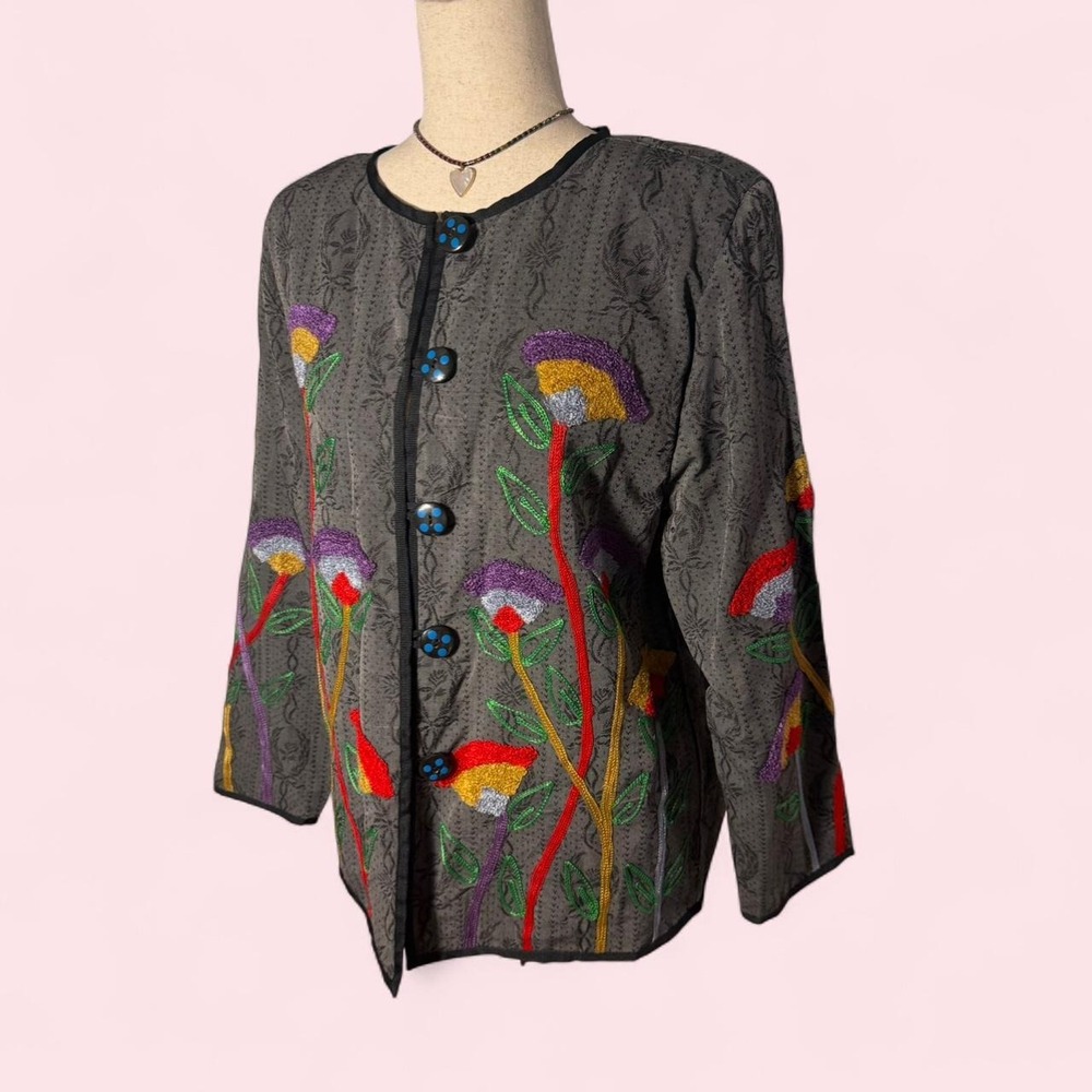 Allure Vintage 90s Embroidered Grannycore Cardigan Blue Buttons Grey Small